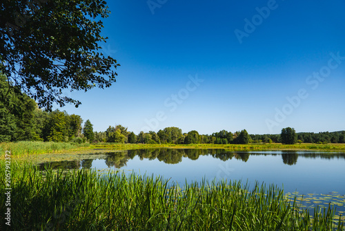 Obraz na plátně a meandering lake with calm, mirror-like waters in which the landscape is reflec