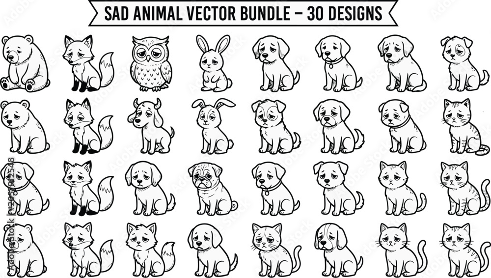 Fototapeta premium Sad Animal Vector Bundle Collection Of Thirty Black and white Designs