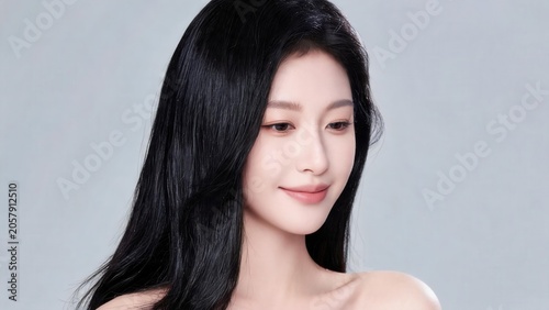 Portrait of woman with long black hair