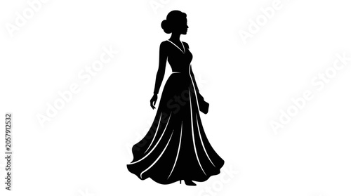 Cuadro en lienzo Woman in evening gown silhouette against a white background