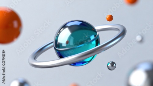 Abstract planet with rings and floating spheres