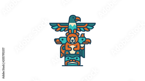 Foto Stylized Totem Pole with Eagle, Bear, and Wolf Icons on White Background