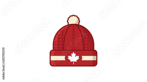 Red Knit Beanie Hat with Canadian Maple Leaf Emblem