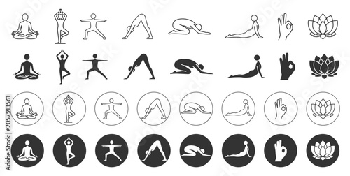 Yoga Pose Icons Pack with Lotus, Meditation and Wellness Symbols. Outline and Solid Vector Set