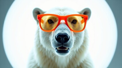 Polar bear wearing oversized orange sunglasses against a bright circular background, showcasing a playful and whimsical animal portrait in a creative setting