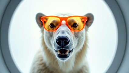 Polar bear wearing orange sunglasses poses in a circular frame with a bright background, showcasing its playful and unique appearance in a whimsical setting