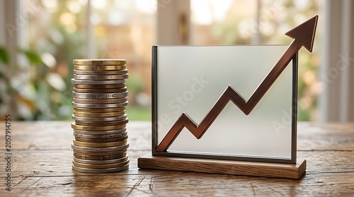 Financial growth concept with coin stack and rising arrow graph