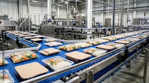Automated Food Factory Conveyor Belt with Packaged Ready Meals