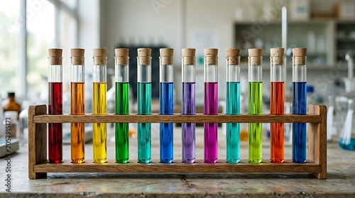Row of Colorful Test Tubes in Laboratory Rack