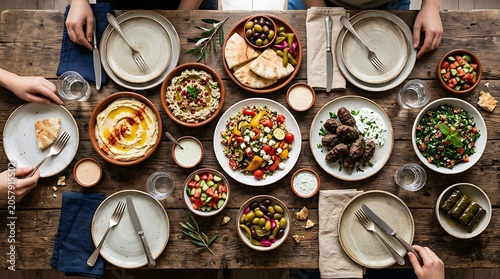 Middle Eastern Mezze Feast with Hummus and Kofta on Rustic Table