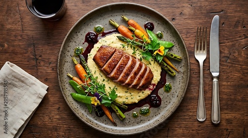 Gourmet Roasted Duck Breast with Vegetables and Red Wine