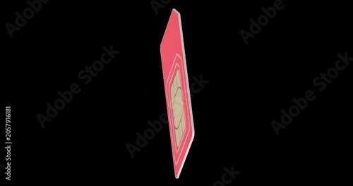 Red SIM card rotation animation seamlessly loopable. 3D rendering isolated on transparent background