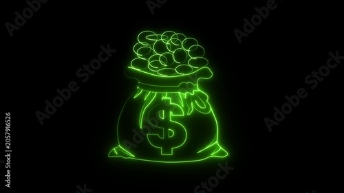Neon Glowing Money Bag and Coins with doller Icon – Digital Currency or Finance Concept.4k video