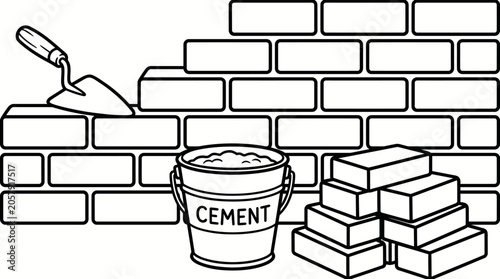 Brick wall construction site with mason tools bucket of cement and stack of bricks.