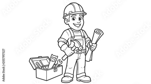 Friendly construction worker holding hammer and blueprints with toolbox on ground.