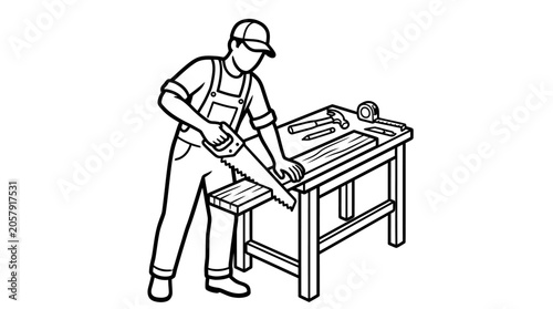 Carpenter sawing wood plank at workbench outline vector illustration for kids.