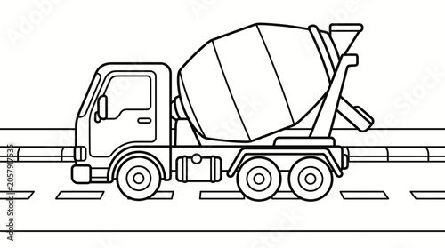 Concrete mixer truck driving on road outline vector illustration coloring book.
