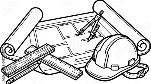 Architectural blueprints with hard hat and drawing tools outline vector design.