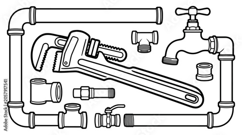 Plumbing tools and pipe fittings collection for home repair and maintenance work.