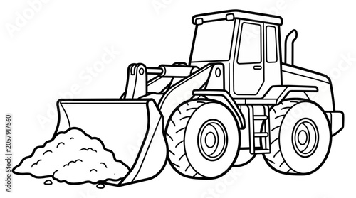 Front end loader construction vehicle moving pile of sand at building site area.