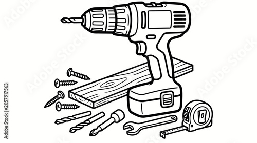 Power drill screws wood plank and tools measuring tape wrench measuring tape.