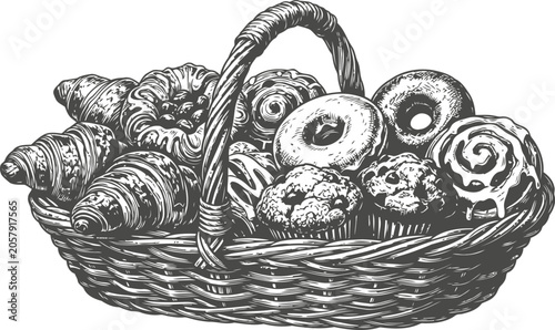 Fotografie A woven basket filled with assorted pastries and baked goods rendered in an intr