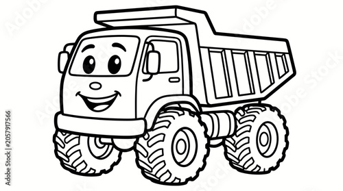 Cartoon dump truck character happy friendly vehicle construction equipment transport.