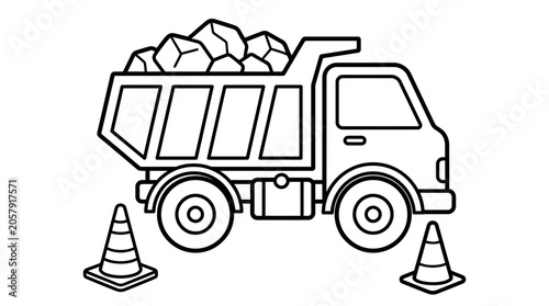 Dump truck loaded with rocks construction site safety cones material transport.