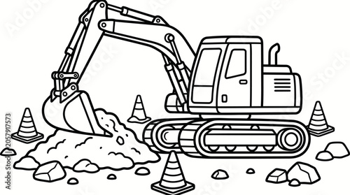 Excavator machine digging dirt pile construction site industrial vehicle.