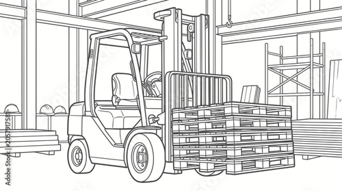 Forklift truck lifting wooden pallets warehouse industrial interior machinery.