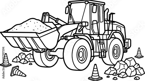 Wheel loader carrying dirt pile construction site heavy machinery vehicle.