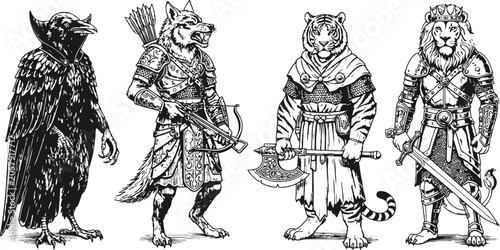 Φωτογραφία Anthropomorphic animals in armor with weapons during an ancient battle in engrav