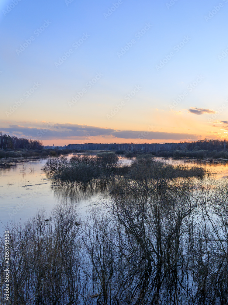 Obraz premium Soft sunset reflects on calm river surface
