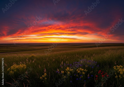Vibrant Sunset over Wildflowers in a Lush Green Meadow