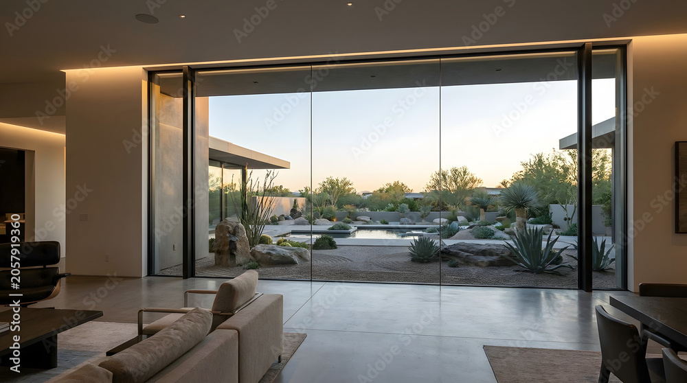 Fototapeta premium Luxurious modern interior seamlessly connecting to a lush outdoor patio view.
