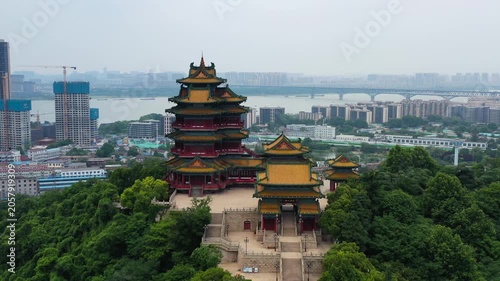 Yellow Crane Tower overlooking Wuhan skyline and Yangtze River, China in Yellow Crane Tower, Wuhan, China