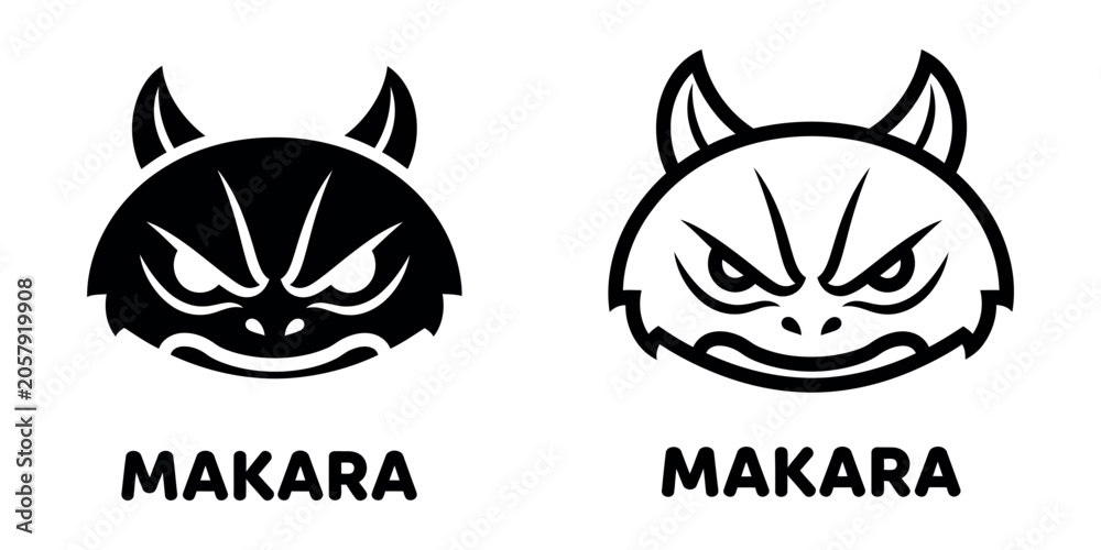 Fototapeta premium Fierce Makara Creature Silhouette Head with Grinning Expression on White Background Vector
