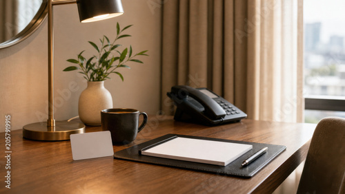 Business hotel desk scene with blank notepad generic key-card shape