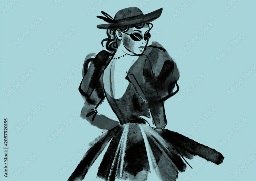 Fototapeta premium Elegant Black Fashion Sketch Woman in Hat Modern Artistic Illustration