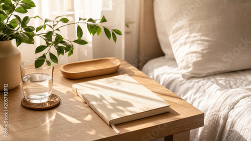 Healthy morning routine background with clean bedside surface