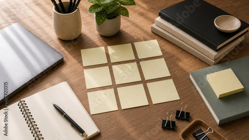 Organized project planning desk with blank sticky-note-like squares