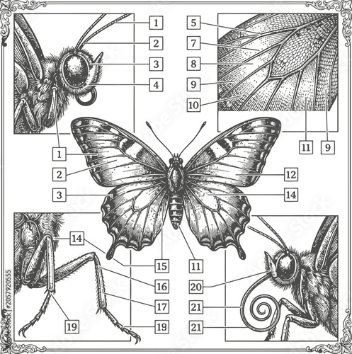 Tableau sur toile Detailed butterfly anatomical diagram in vintage engraving style with scientific