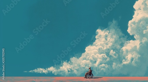 Solitary man in a wheelchair sitting on a vast pink plain gazing upward at an enormous dramatic cloud formation against a deep teal sky in a powerful surreal advocacy scene