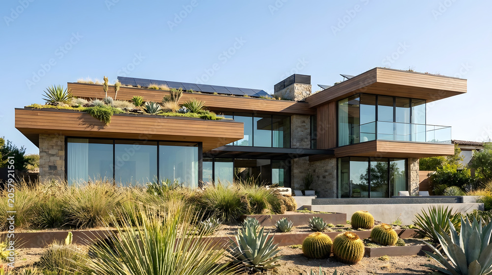 Fototapeta premium A modern luxury residential estate featuring sustainable green roof design and desert landscaping.