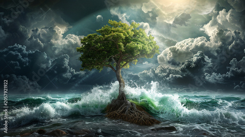 A lone tree standing resilient amidst crashing ocean waves under stormy sky