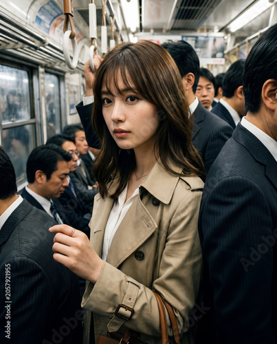 満員電車で通勤するトレンチコートを着た若いビジネスウーマン