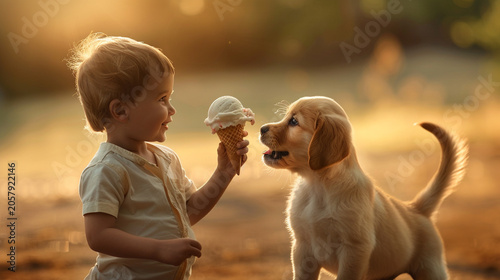 A young boy sharing an ice cream cone with a cute golden puppy