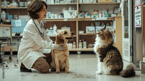 Veterinarian examining a dog with a cat sitting nearby in a clinic