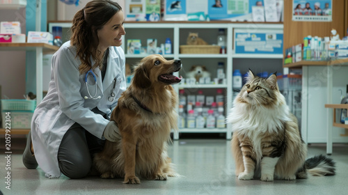 Female veterinarian examining a dog and a cat in a veterinary clinic
