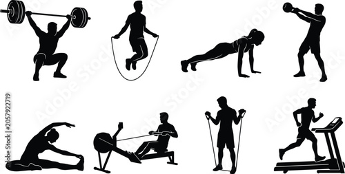Tableau sur toile Fitness Exercise Silhouette Collection Featuring Weightlifting Cardio Strength T